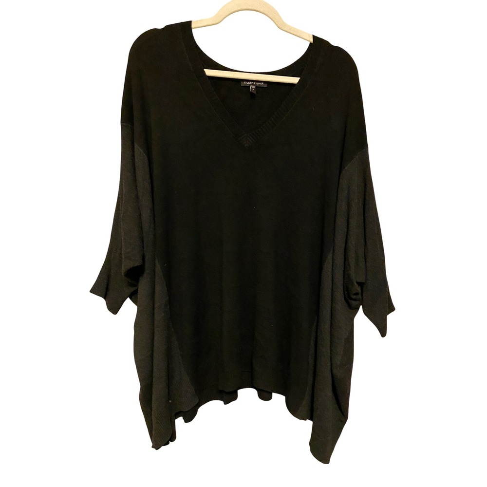 EILEEN FISHER Black Gray V Neck Knit Sweater Top Italian Yarn Size Medium